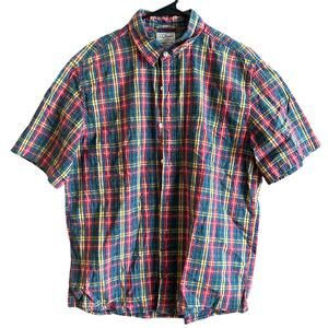 LL Bean Mens Shirt Red Multicolor Textured Plaid Slightly Fitted Button Down M